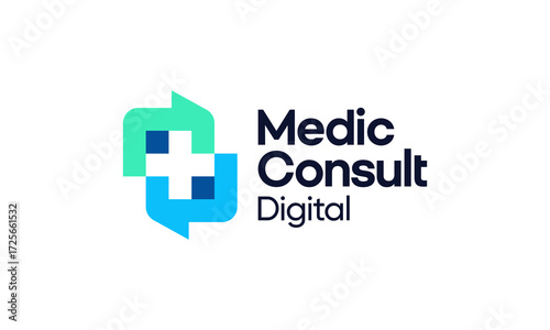 Medical consultation logo design. Cross Sign Medical vector design with chat bubble with digital pixel shape graphic icon symbol