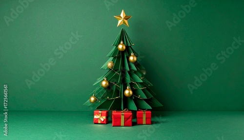 Paper Christmas tree with gold ornaments and red gifts on solid green background, clean and festive
