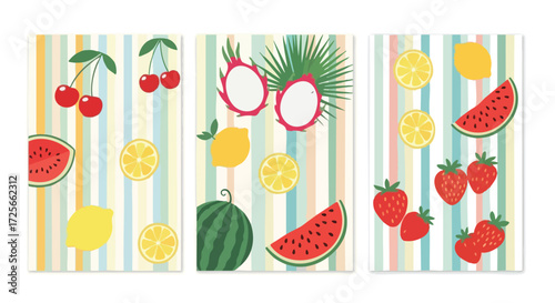 Vibrant summer fruit medley with watermelon, cherries, lemons, strawberries, and dragon fruit creating a modern and playful tropical vibe