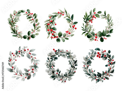 Watercolor set of Christmas wreaths. Round wreaths made of holly, fir, eucalyptus branches, etc. Green decorative frames for Christmas and New Year designs. Vector illustration.