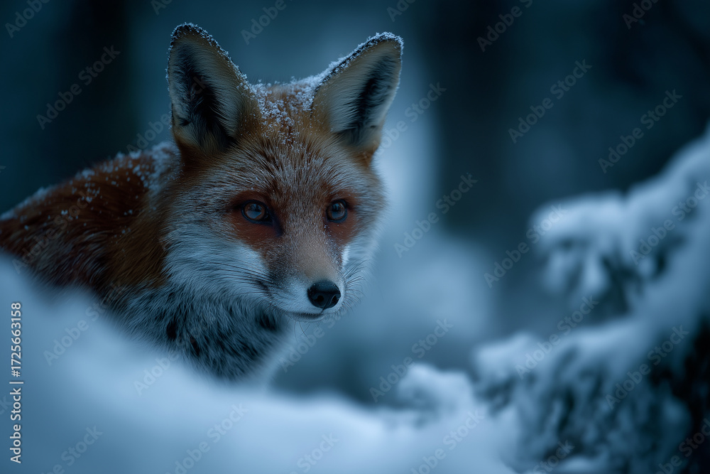 Fototapeta premium Fox with keen ears stands in snowy landscape, its fur dusted with snowflakes, creating moody and atmospheric scene. cold blue tones enhance winter setting
