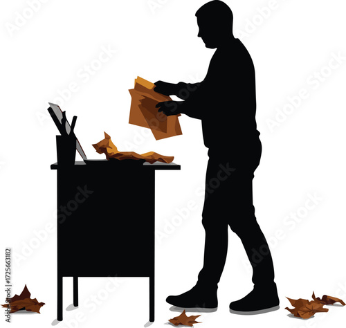 Illustration of a person standing at a desk and sorting through papers, with fallen leaves scattered around the scene
