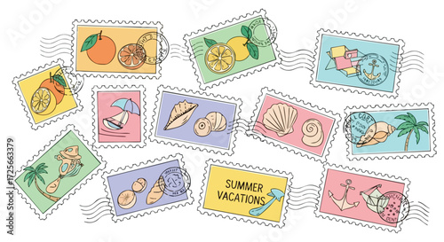 Vibrant collection of summer vacation themed postage stamps featuring fruits, shells, beach scenes, and travel icons for joyful memories