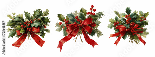 Watercolor Christmas bouquets for decoration. Green Christmas tree branches with holly berries decorated with a red bow. Christmas decor for cards, banners, etc. Merry Christmas and Happy New Year.