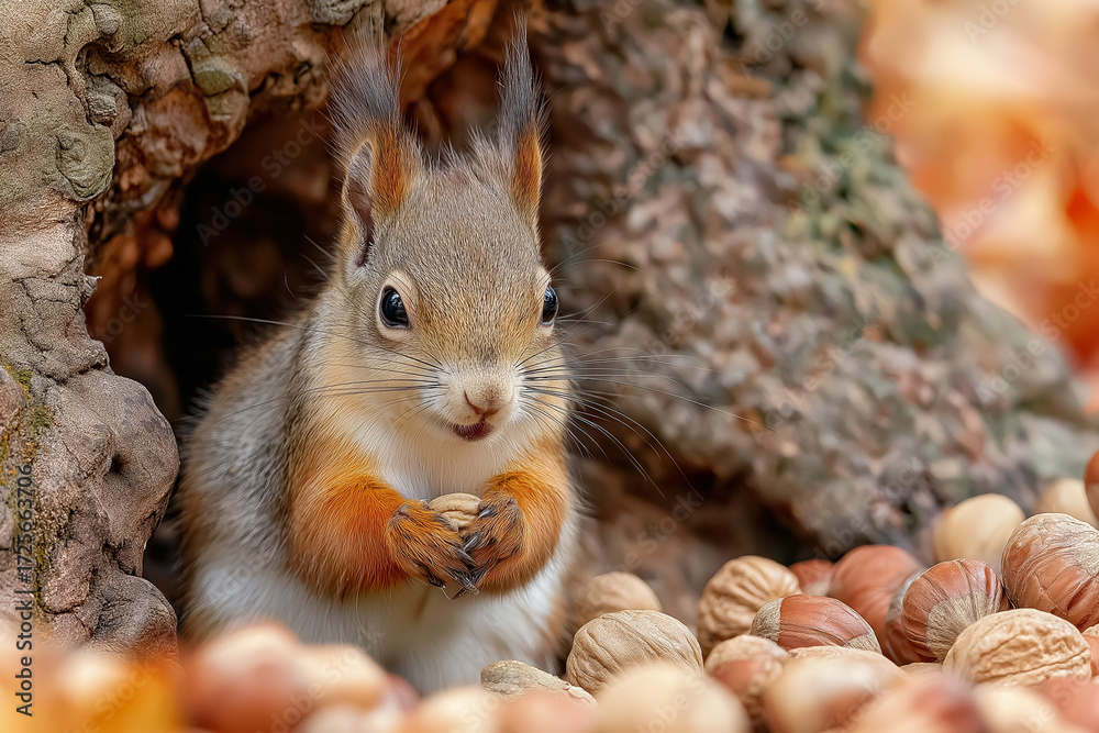 Obraz premium Squirrel with full cheeks sits among nuts in forest, showcasing its busy nature. scene is vibrant with autumn colors, highlighting squirrel fluffy fur and lively expression
