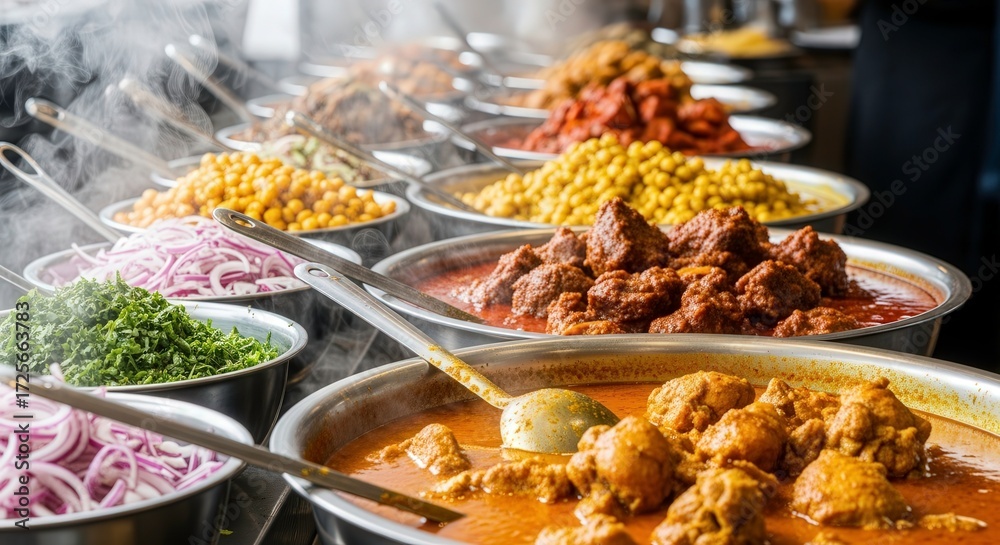 Obraz premium Indian food buffet dishes variety restaurant catering stainless steel bowls