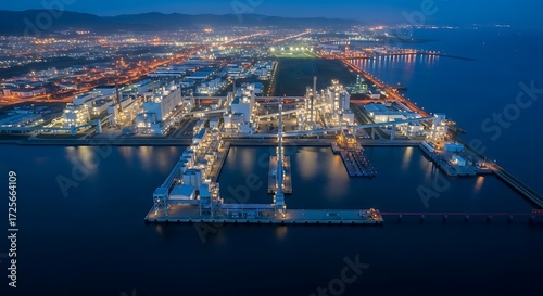 Aerial View of a Modern Industrial Port Complex at Night