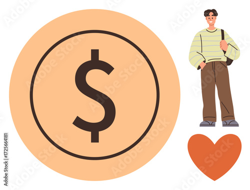 Man carrying bag next to large dollar sign and heart-emphasizing finance, passion, lifestyle, decision-making, balance, goals, career, and love. Ideal for business personal finance priorities