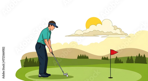 Golfer putting on a green, sunny day.