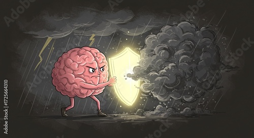 3D Brain with Glowing Shield Deflecting Storm Clouds, Symbol of Mental Resilience, Positivity, Emotional Protection, Strength, and Wellness Concept