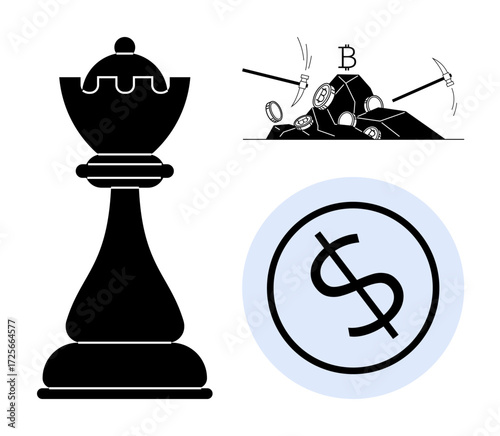 Chess king, bitcoin mining, and dollar coin represent strategy, digital currency, investment, business, decision-making, economy wealth. Ideal for blockchain cryptocurrency strategy-themed