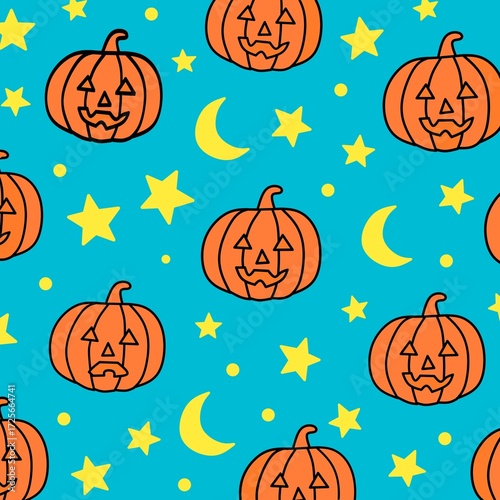 Halloween Pumpkin Seamless Pattern with Blue minimalis Background, Spooky Holiday Design with Stars and Moon