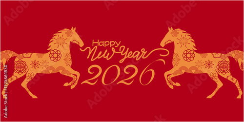 Wallpaper Mural Chinese new year illustration decoration with horses and traditional pattern. 2026 Chinese new year. Asia design banner. Vector illustration. Torontodigital.ca