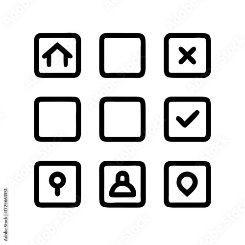 Interface Icons in Grid: Clean, minimalist interface icons, arranged in a neat grid, showcasing home, checkmark, close, user, location.
