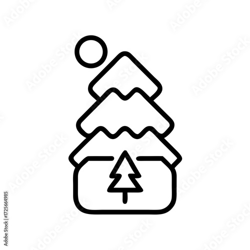 Mountain Pine Icon: An artistic representation of a serene mountain landscape featuring a towering pine, nestled beneath the bright sun. Evokes a sense of calm and adventure.
