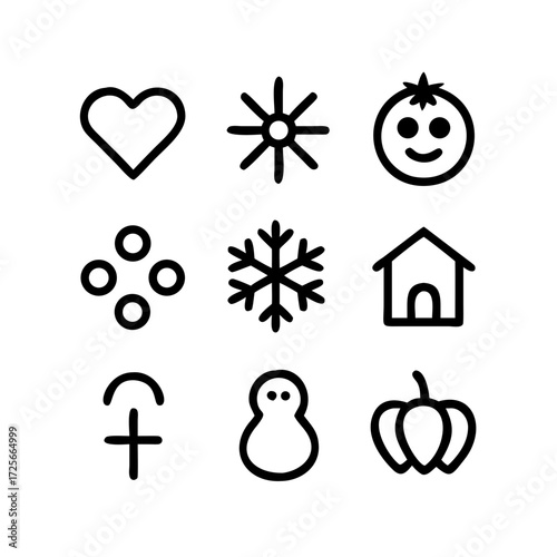 Iconic Symbols in Harmony: A collection of nine hand-drawn icons artfully arranged, each with unique meaning. From the simple heart to the complex snowflake, it creates a cohesive visual language.