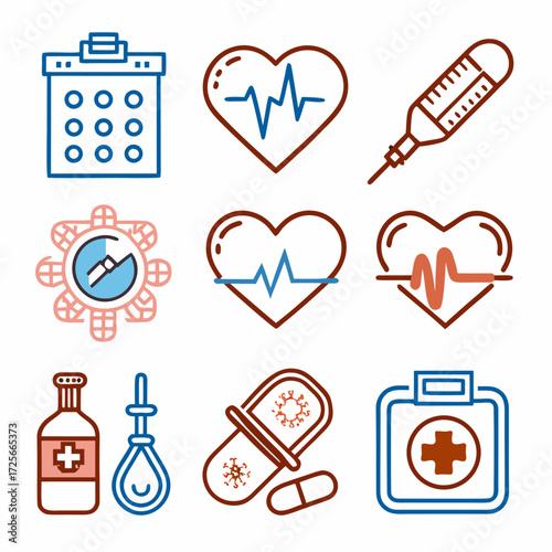 Health and Medical Icon Set: An organized set of line art style icons representing various aspects of health and medicine, including medical instruments, signs of life.