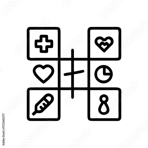 Healthcare Elements Emblem: A minimalist vector graphic composed of medical symbols, the graphic symbolizes essential healthcare concepts, highlighting core elements of health, well-being.