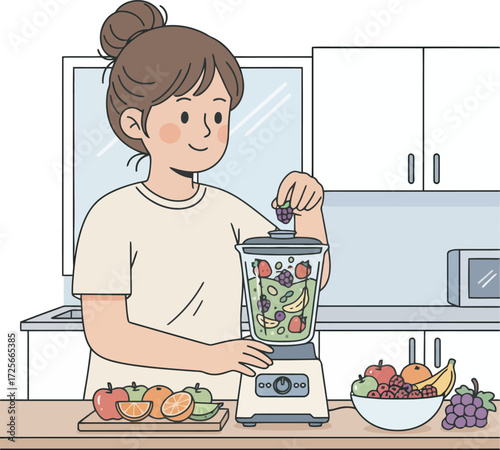 A woman prepares a healthy fruit smoothie, adding berries to the blender.