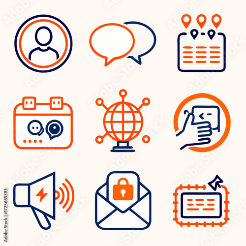 Communication Icons: A collection of minimalist communication icons in shades of blue and orange on a clean backdrop. representing various aspects of digital and interpersonal communication.