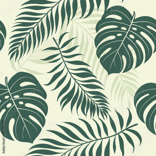 Tropical Foliage Pattern: An eye-level shot of lush, emerald-green tropical leaves against a soft, creamy background, creating a seamless and vibrant botanical pattern.