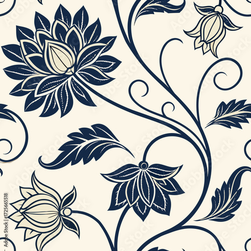 Floral Elegance: Exquisite floral design in navy and ivory hues, showcasing intricate petals and graceful stems. A seamless repeating pattern perfect for backgrounds and surface design.