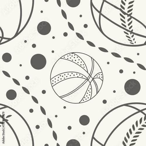 Basketball Pattern: A captivating pattern showcasing a stylish basketball, complemented by scattered circles and seamless lines, evoking the spirit of sport and game.