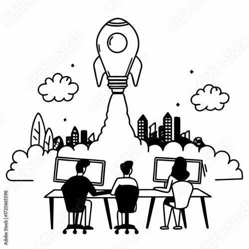 Innovation's Ascent: A team of innovators witnesses the launch of a rocket, symbolizing groundbreaking ideas and progress in a stylized illustration.