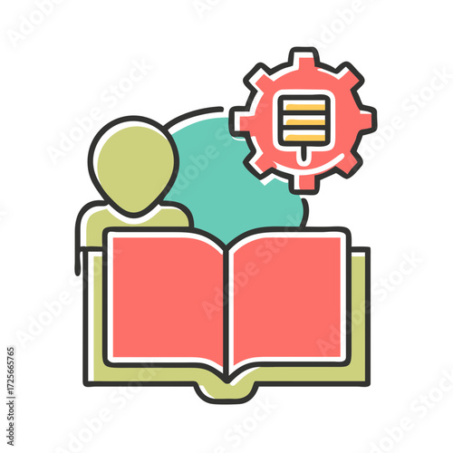 Data-Driven Learning: A vibrant illustration depicts a learner engaged in studying, a book, a cloud, and a gear, symbolizing the integration of knowledge and technology in modern learning.