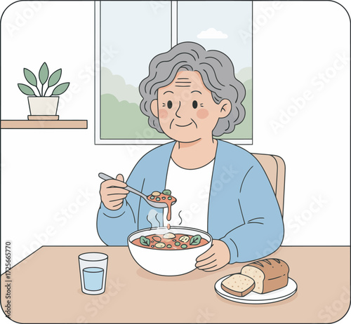 An elderly woman enjoys a bowl of soup at a dining table in a cozy setting.