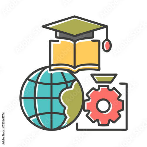 Education and Global Knowledge: A vibrant illustration merges the essential components of education, emphasizing the acquisition of global knowledge with an open book, a graduation cap.