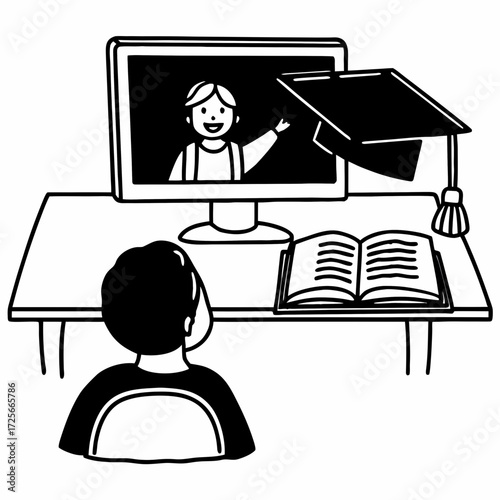 Online Learning Session: Illustrated depiction of a student focused on a computer screen showing an online lesson, book and academic cap.
