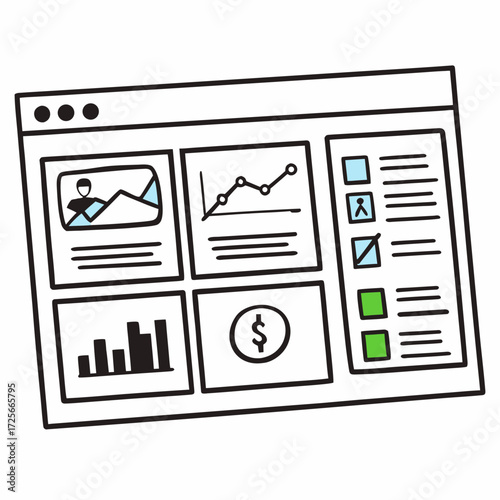 Financial Analytics Dashboard: A streamlined business interface featuring charts, graphs, and data visualization elements on a digital screen, reflecting insights and financial metrics.