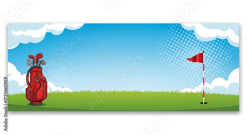 Golf course landscape with red golf bag and flag.