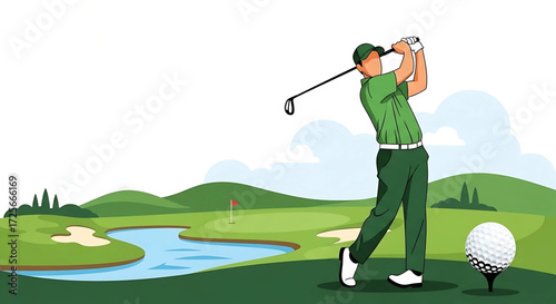 Golfer performing a powerful drive on a scenic golf course.