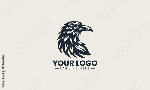 Black raven head silhouette with glowing red eye and sharp feather details on white background vector logo design