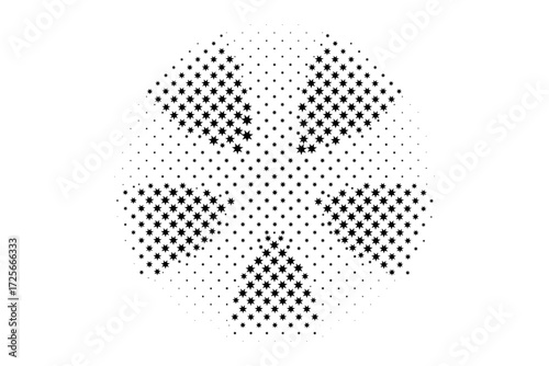 Abstract circular pattern of star shapes with a halftone effect. Black and white pop art vector illustration isolated on a transparent background, ideal for graphic design elements
