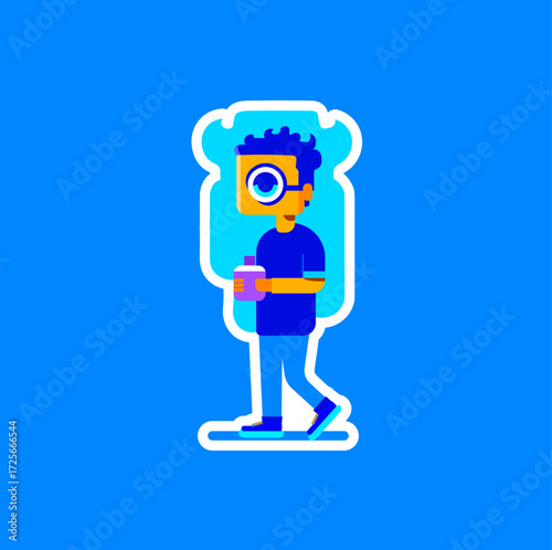One-Eyed Cartoon Character Walking with Drink – Vector Sticker Illustration on Blue Background