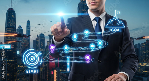 Navigating the path to success A businessman charts the course to achieve corporate goals with futuristic technology