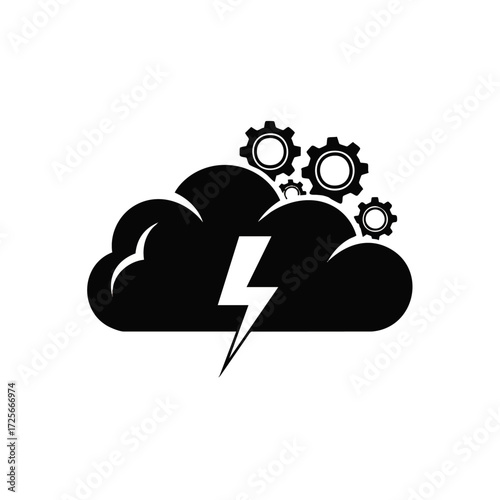 Cloud computing power icon with lightning bolt and gears. Digital technology concept.