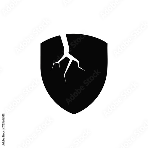 Cracked Shield Icon. Broken protection symbol representing vulnerability, damage, failure, or compromised security.