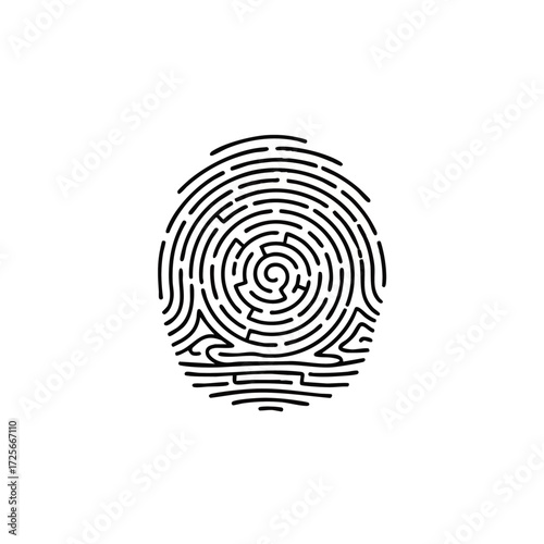 Stylized Fingerprint Icon. Black Line Art with Maze Pattern. Identity, Security, Unique ID, Biometric Authentication Symbol.
