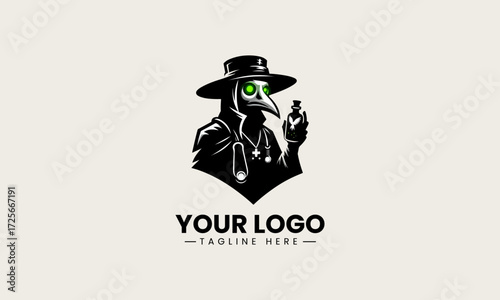 Mysterious plague doctor character with glowing green eyes and a bottle in a striking black silhouette vector logo design on a clean white background