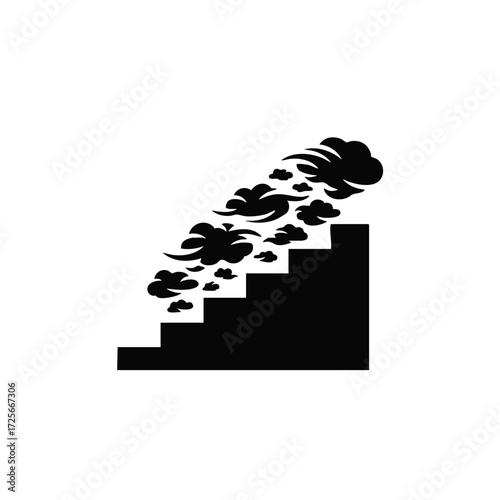 Abstract graphic of smoke-like clouds falling down stairs, symbolizing decline, problems, or a negative downward trend