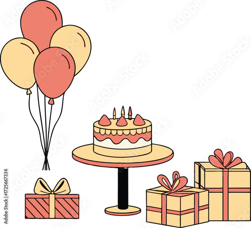 Celebrate special occasions with whimsical balloons, delicious cake, and beautifully wrapped gifts, perfect for birthdays, parties, and cheerful gatherings