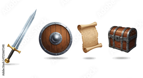 A collection of four fantasy-themed objects, including a sword, shield, scroll, and treasure chest.