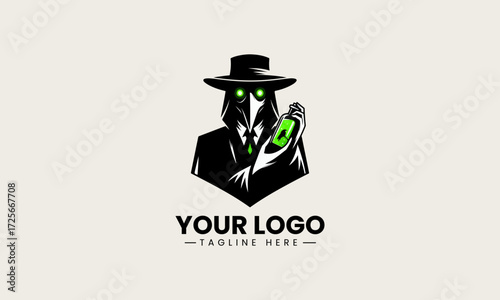 Mysterious plague doctor character with glowing green eyes and a bottle in a striking black silhouette vector logo design on a clean white background