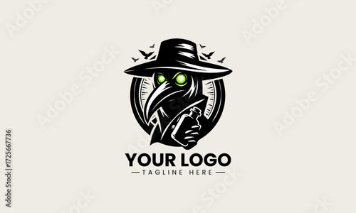Mysterious plague doctor character with glowing green eyes and a bottle in a striking black silhouette vector logo design on a clean white background