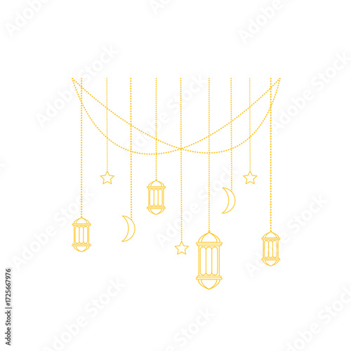 Minimalist Ramadan Lantern and Crescent Hanging Decor – Islamic Ornament Vector