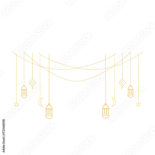 Islamic Hanging Lantern with Crescent Moon and Stars – Ramadan Decoration Vector